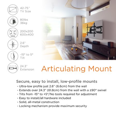 Promounts Full Motion TV Wall Mount for TVs 42 in. - 75 in. Up to 80 lbs FSA64